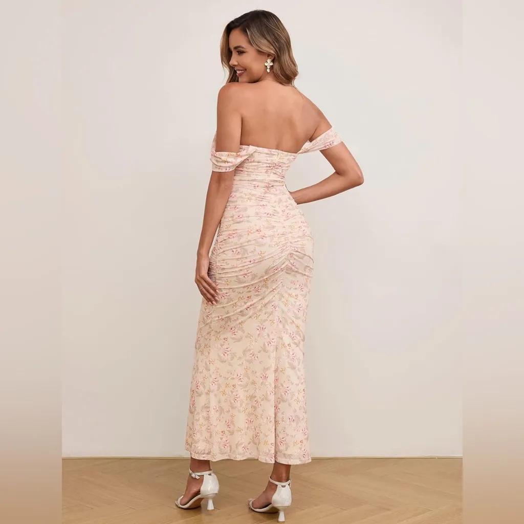 Women Off The Shoulder Maxi Long Dress Corset Ruched Bodycon Formal Dress Multiple - Image 3