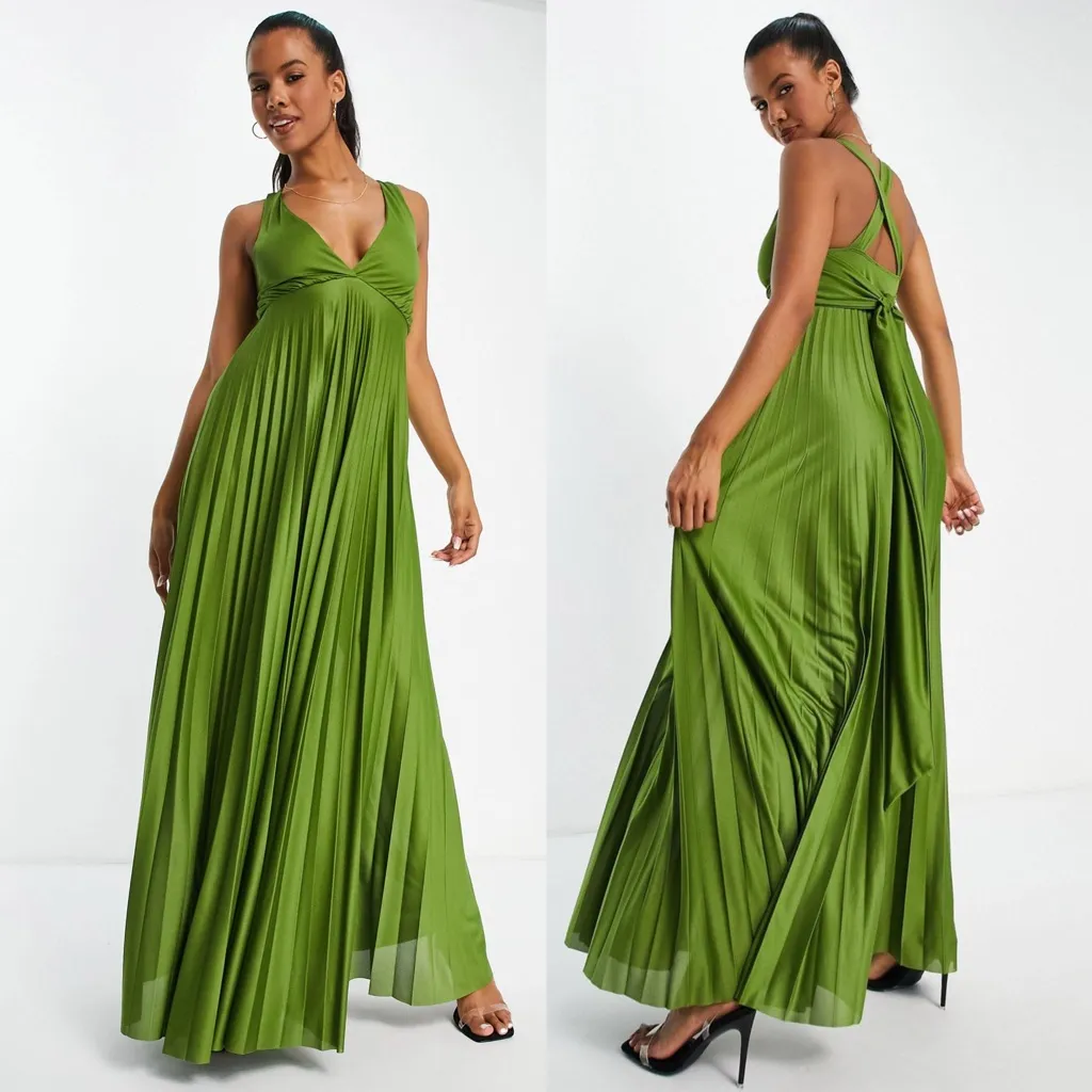 ASOS Plunge Halter Cross Back Tie Pleated Maxi Dress Olive Green Stretchy Sz 10 - Image 2