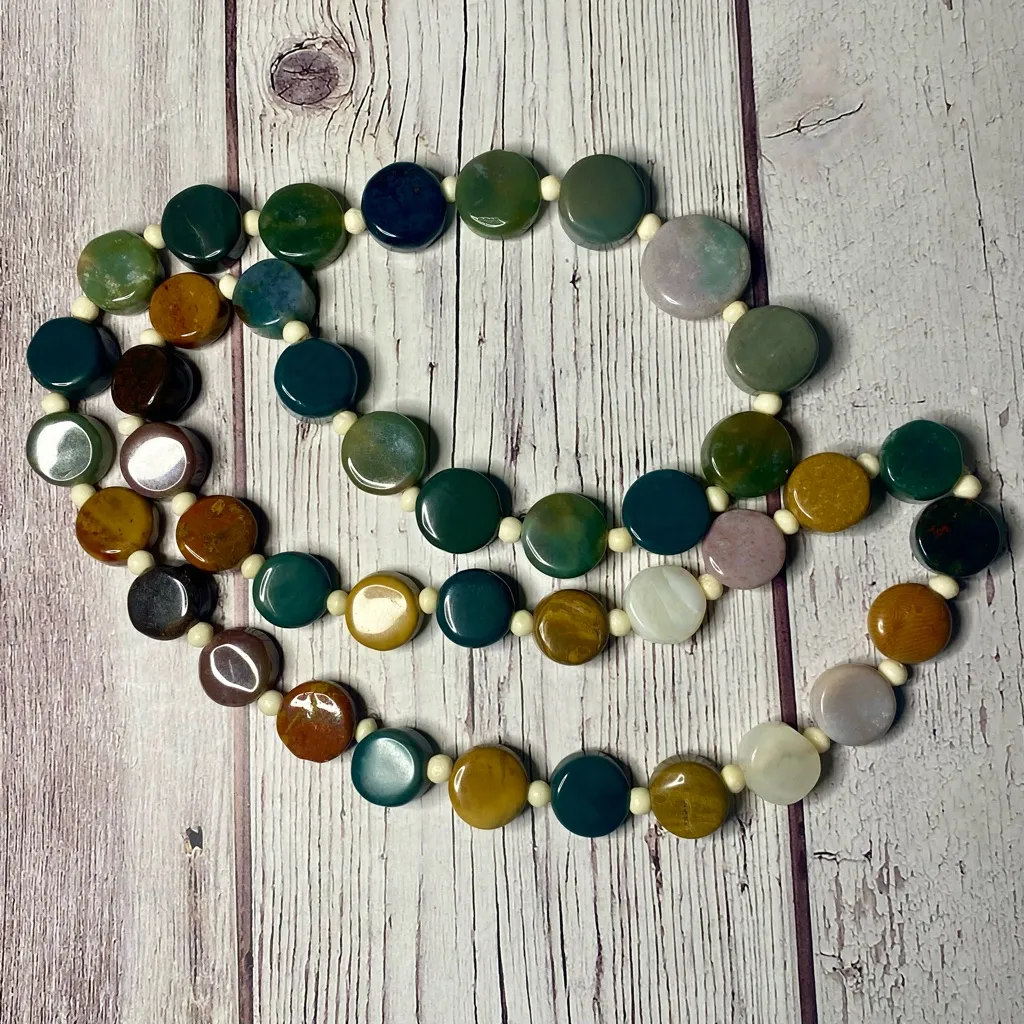 Mixed Stone Disc Beaded Necklace – Jasper & Agate, 28” Green - Image 3
