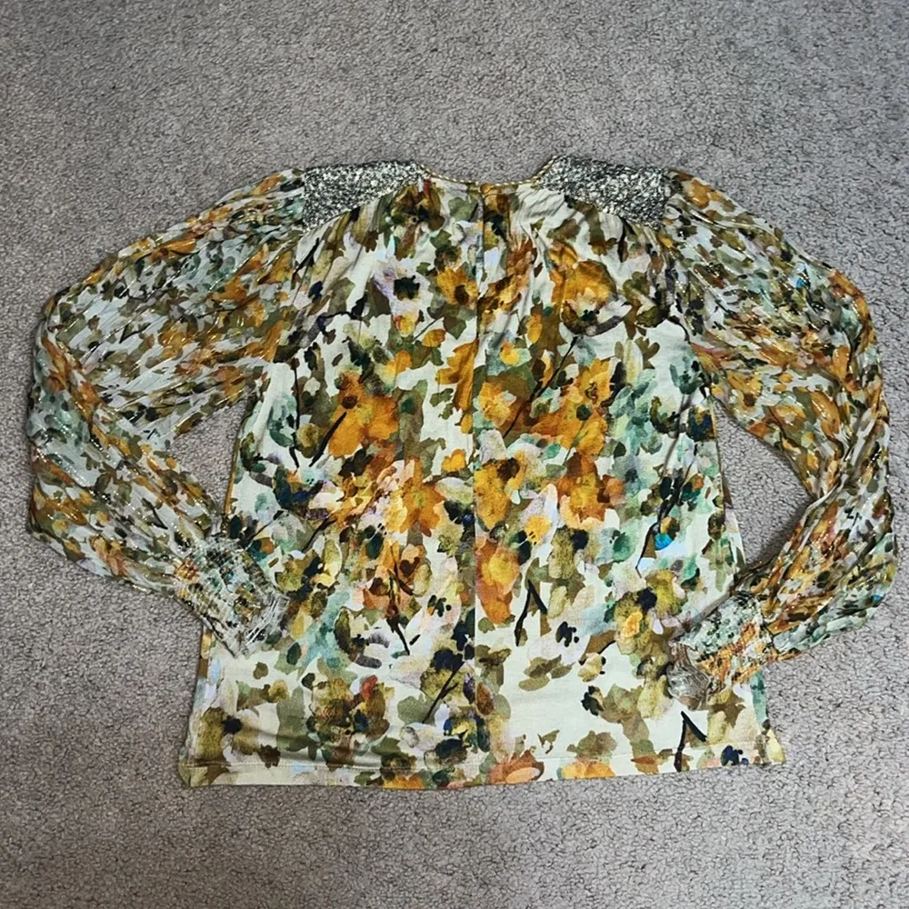 Anthropologie‎ Blank London Sequin Sheer Metallic Puff Sleeve Floral Blouse XS - Image 8