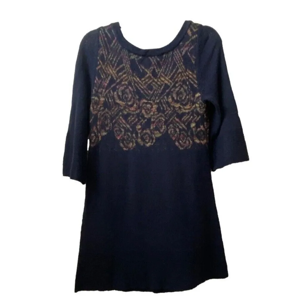 FREE PEOPLE Long‎ Sweater Sz XS 3/4 Sleeves Cotton Navy Blue w Multi-color Upper - Image 2