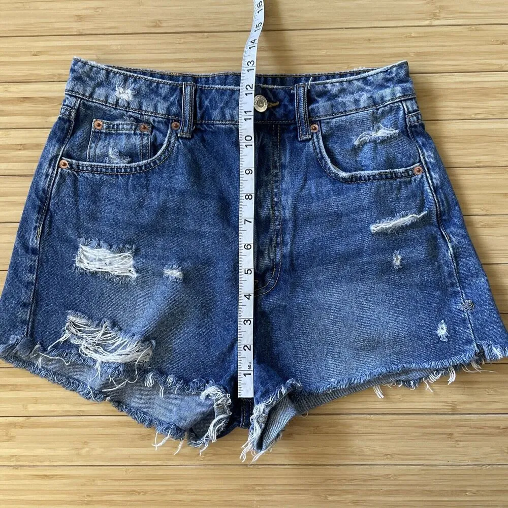 Divided H&M Womens Size 6 Short Shorts High Waist Button Fly Distressed Denim - Image 9