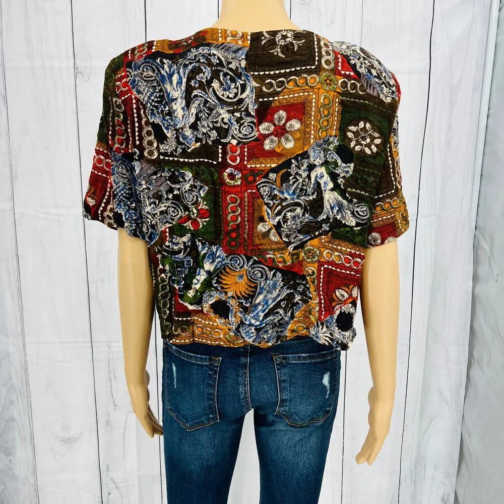 FR Sport (L) American VINTAGE 80s Womens Floral Button Up Crop Top Padded - Image 4
