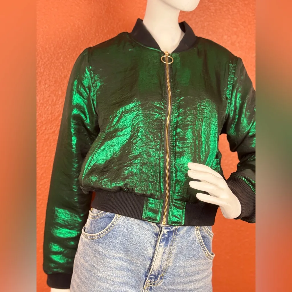 House of Holland Metallic Green Bomber Jacket - Image 5