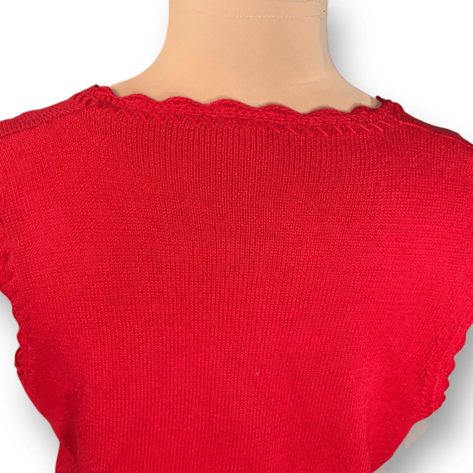 Vintage 90s Red Embroidered Knit Sweater Vest Floral Cottagecore Medium Granny - Image 3