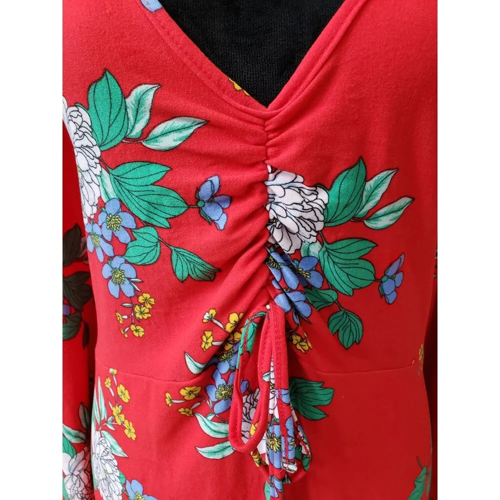 Bobbie Brooks Knee Length Dress Women 3X Red Floral Ruched Long Sleeve V Neck - Image 3