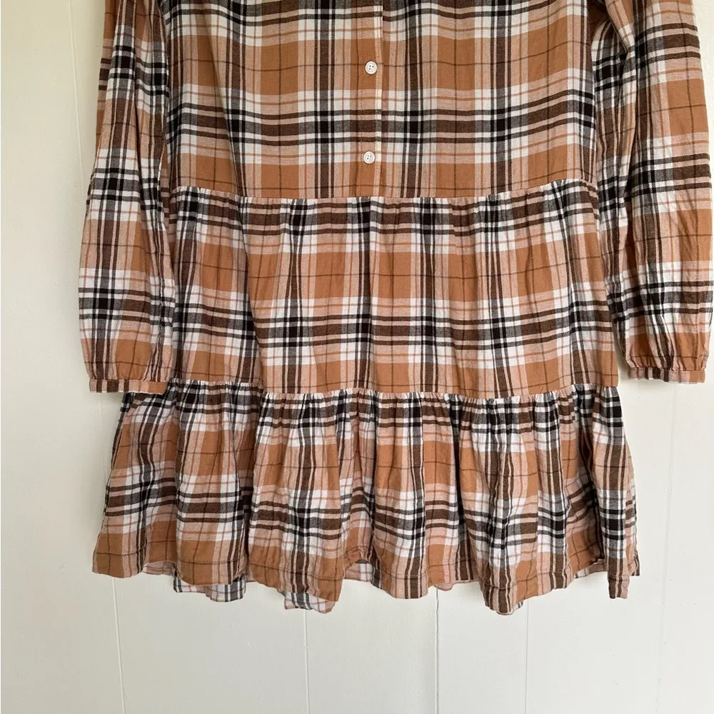Women's Soft Cotton Brown Plaid Tiered‎ Mini Dress Small - Image 5
