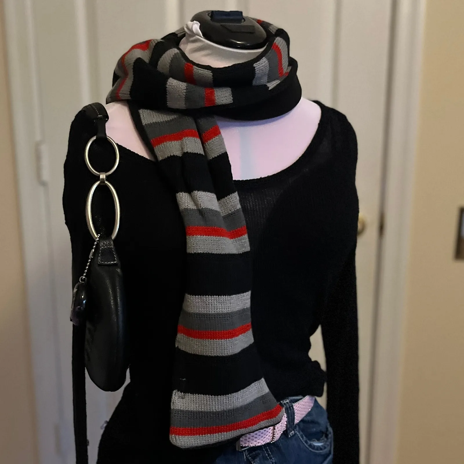 Capelli New York | Black + Gray + Red Stripe Knit Scarf | Grunge Accessory - Image 2