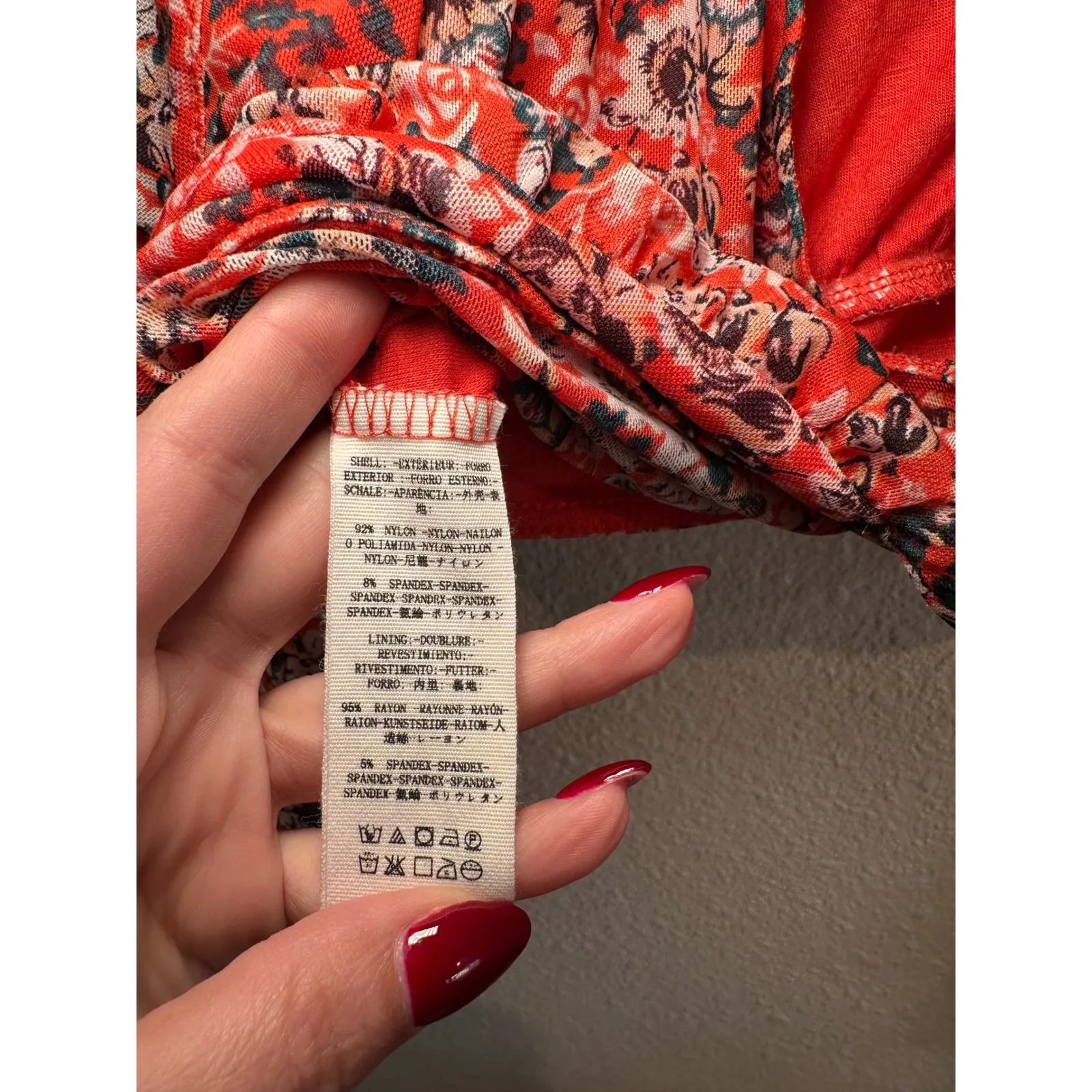 Free People Red Floral Mesh Mock Neck Long Sleeve Cropped Top Sheer - Image 6