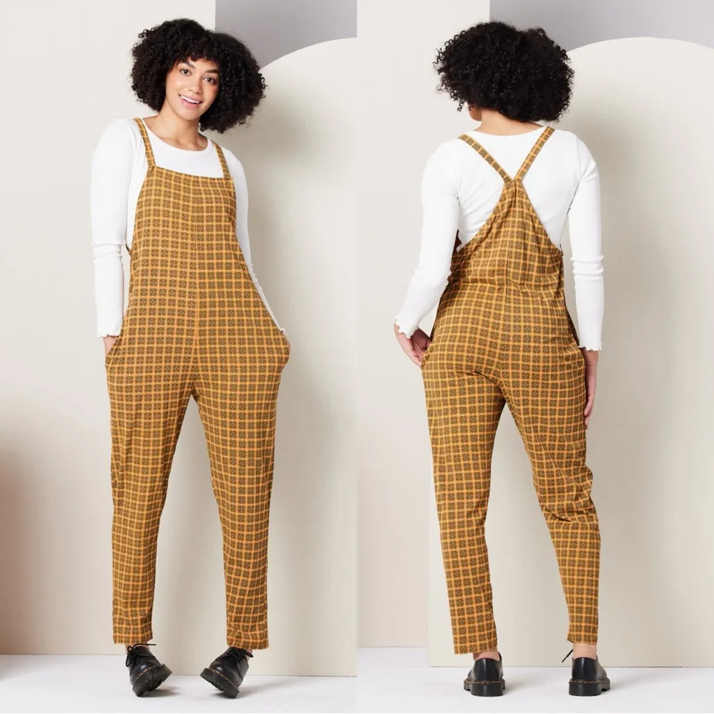 Known Supply Women’s Organic Cotton Cadence Overall Retro in Apricot Plaid M Yellow Size M - Image 2