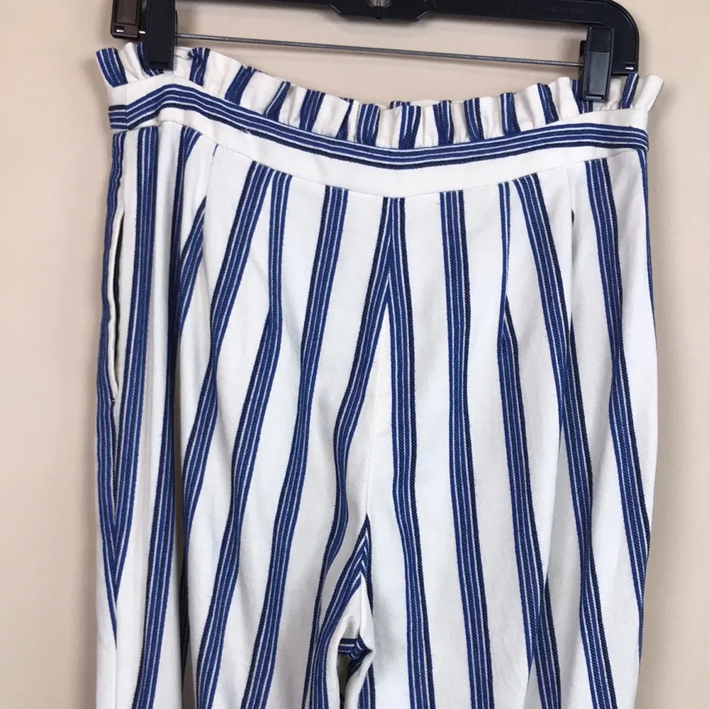 Express Women’s Striped Blue Cream Ankle High Rise Ruffle Waist Pants - Image 7