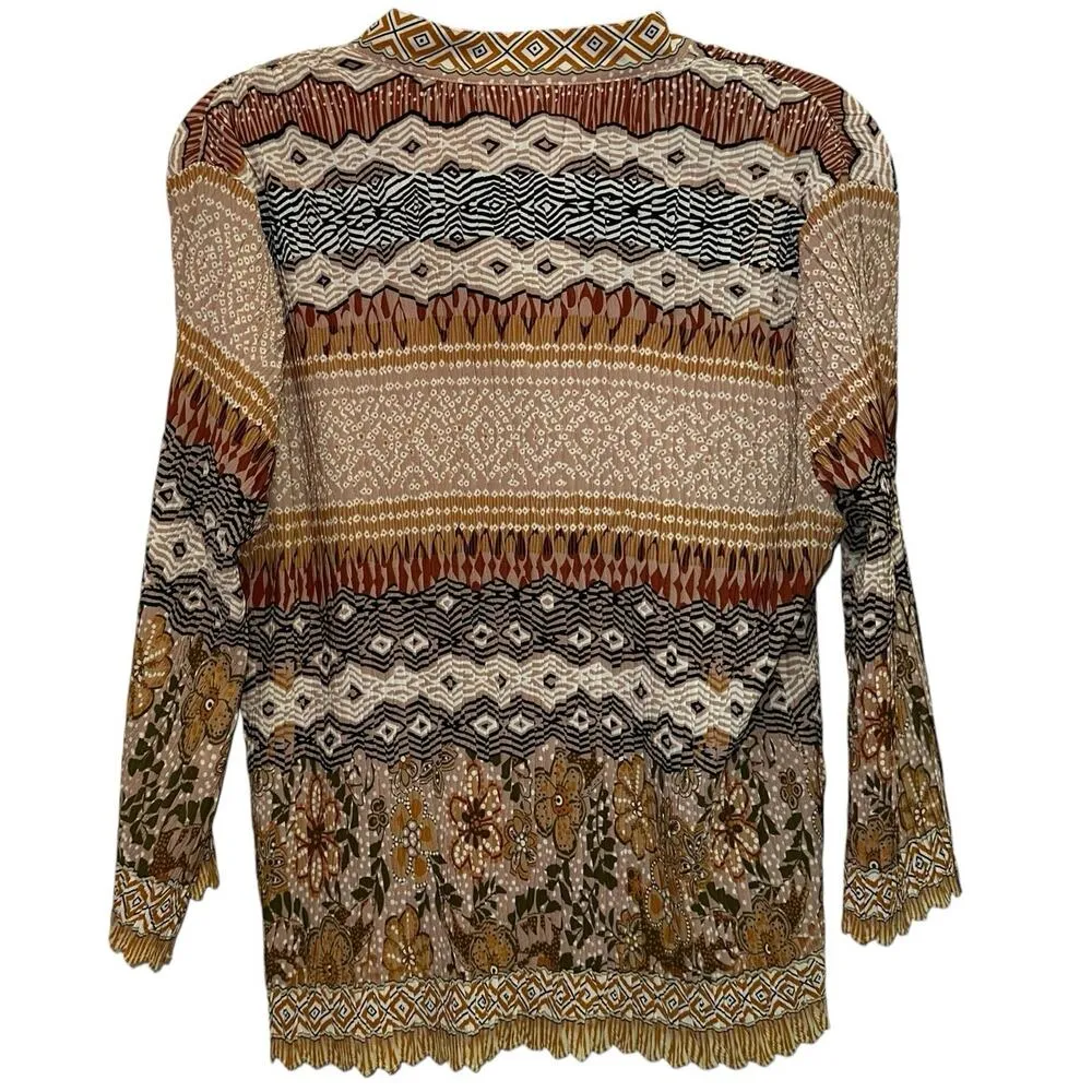 Nicola Crinkled Colorful Patterned V Neck Button Down Blouse Brown Size XL - Image 4