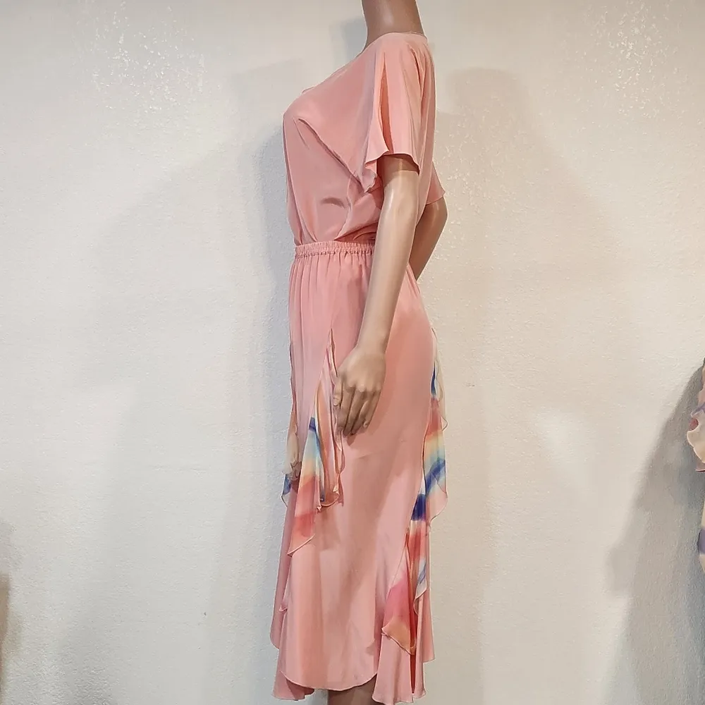 3pc Pink Polyesters And Silk Skirt, Shirt And Over Throw Butterfly Look Sz M - Image 8