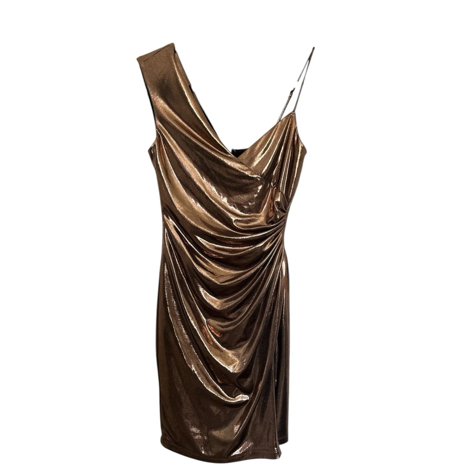 BCBGMAXAZRIA Women's Metallic Bronze One Shoulder Sheath Dress Cocktail Size XXS - Image 7
