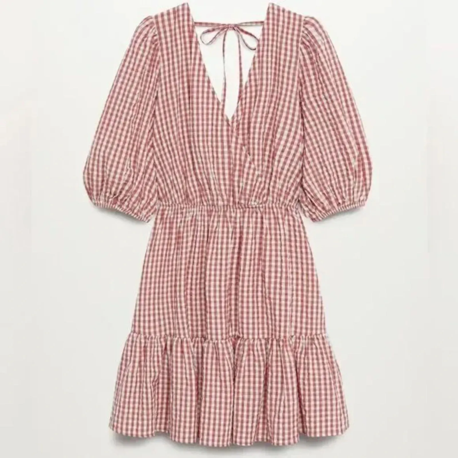 MANGO Vichy Red Gingham Mini Dress with Puff Sleeves & Tiered Skirt size XS - Image 9