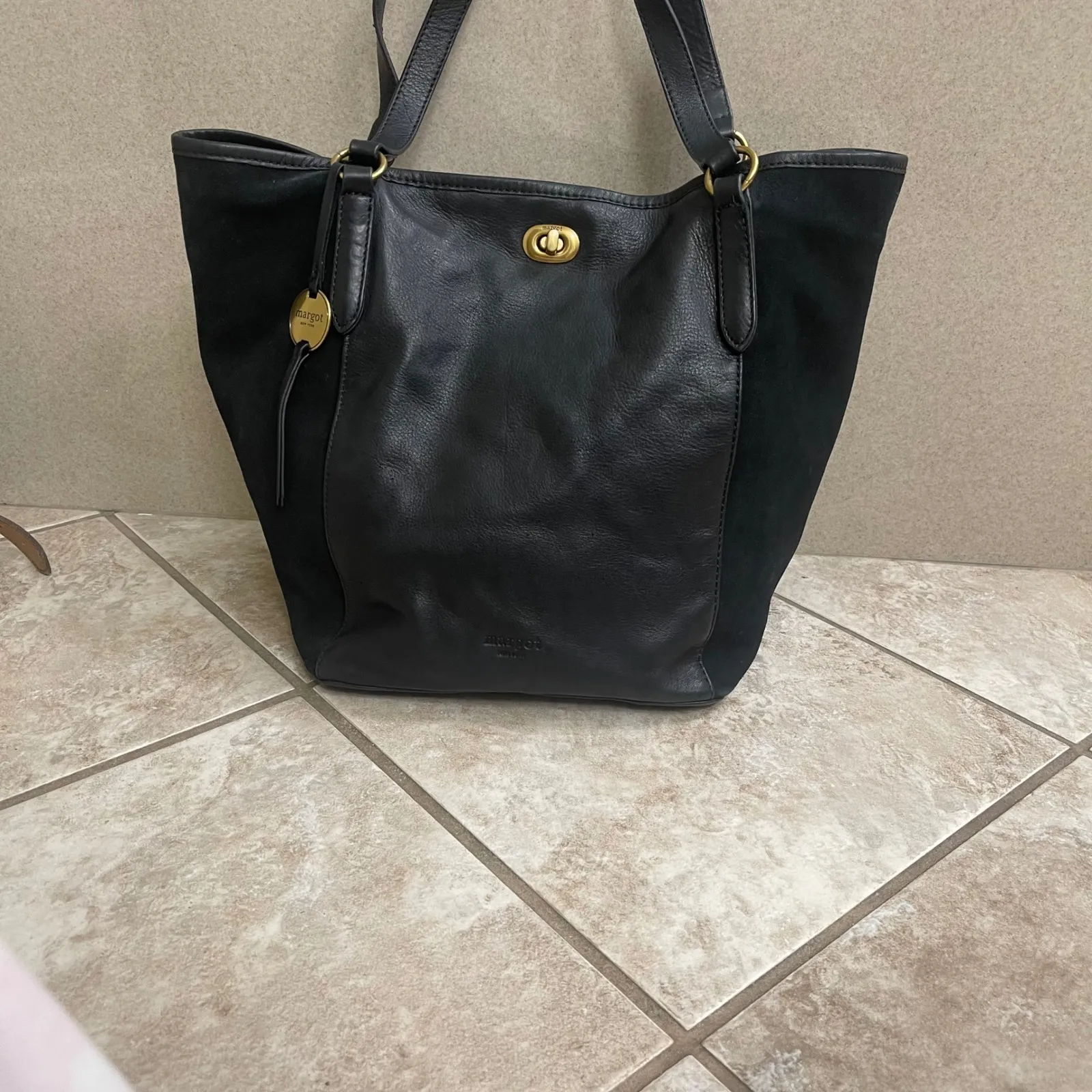 Margot New York Black Leather & Suede Tote Bag Shoulder Bag Gold Hardware - Image 3