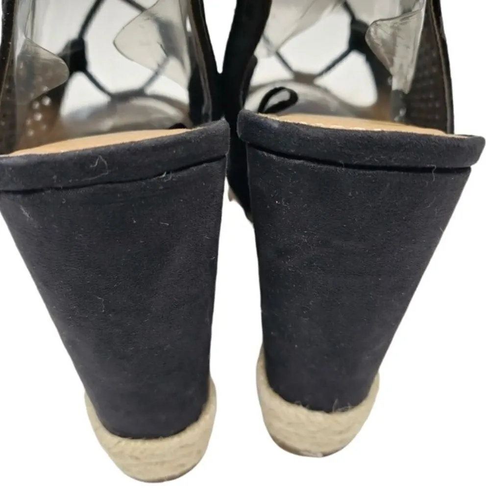 #157 WEDGE Suede Lace Up Sandals Black Size 8 - Image 5
