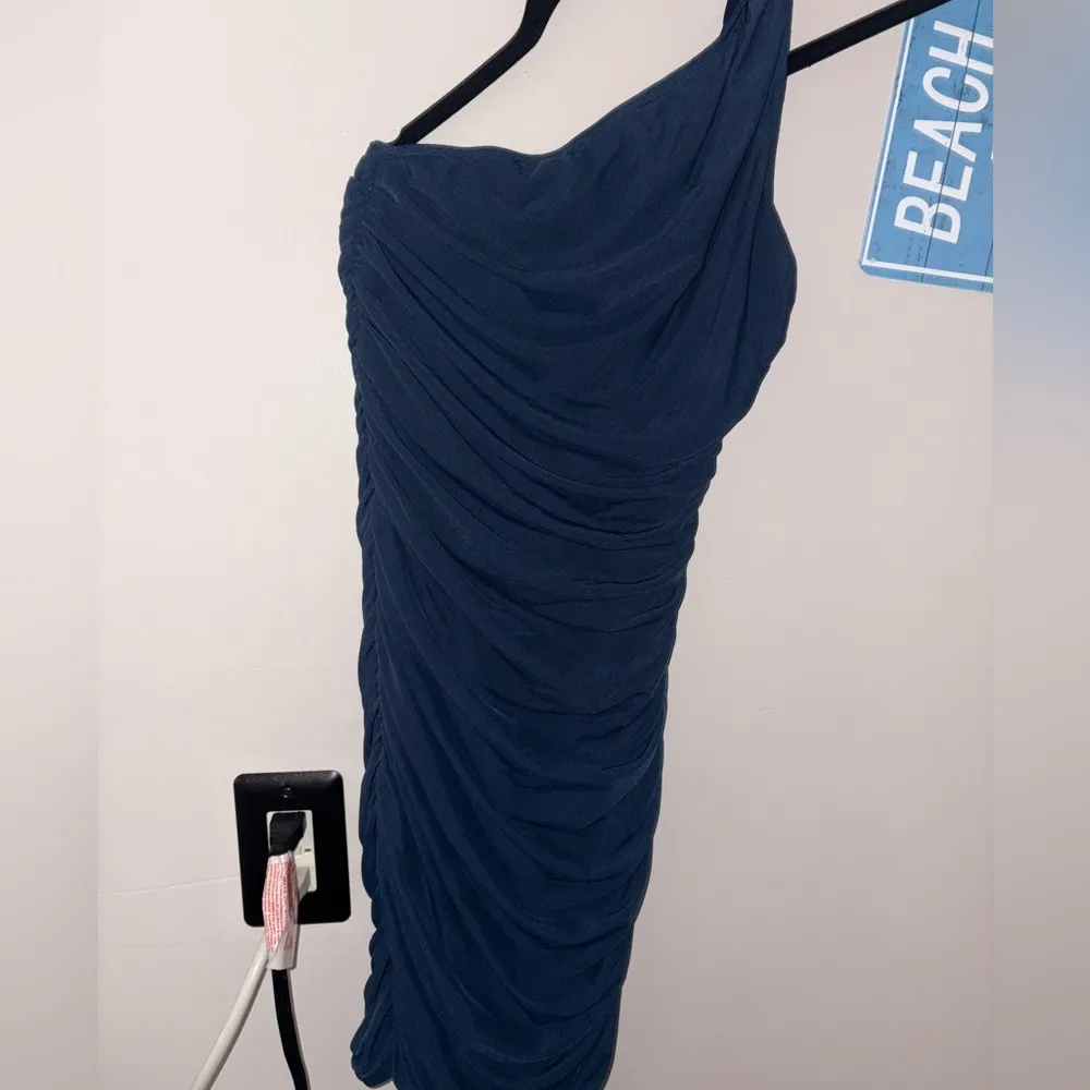 Blue Asymmetrical Ruched Mini Dress - Image 3