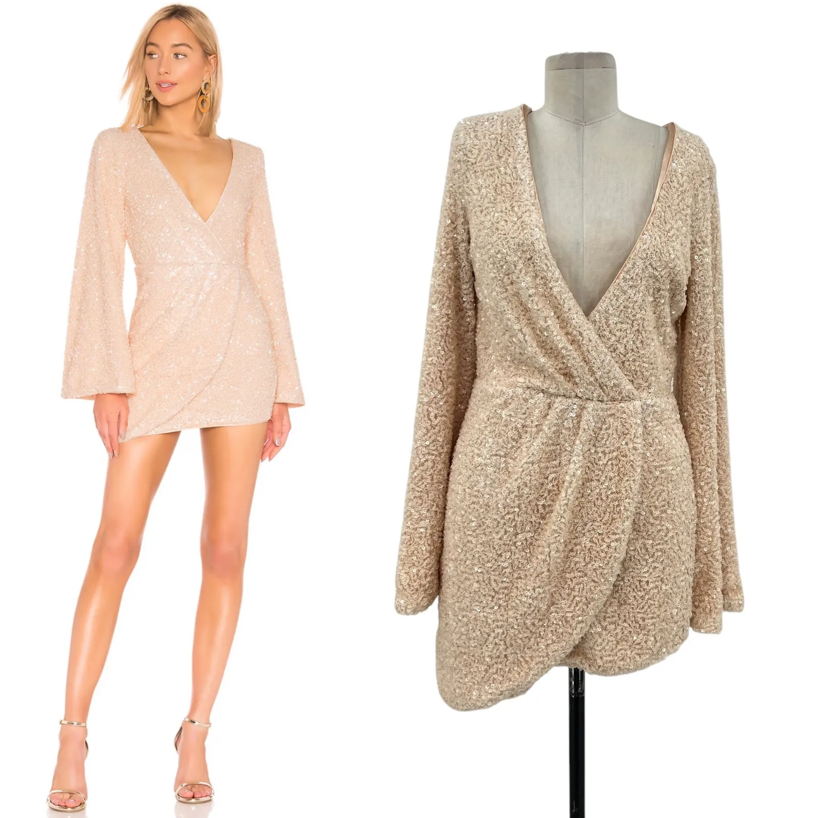 Michael Costello x Revolve Valerie Dress Mini Long‎ Sleeve Sequin Ivory Medium - Image 2