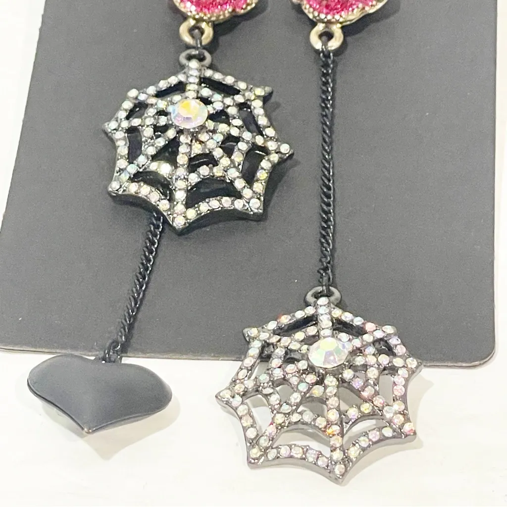 Betsey Johnson Creepshow‎ Spiderweb Pink Rose Heart Crystal AB Mismatch Earring - Image 2
