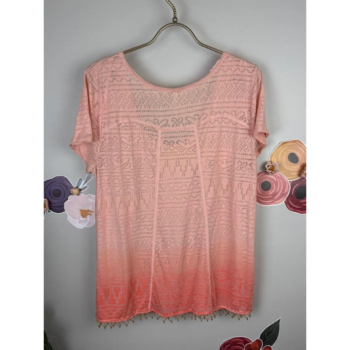 Free People Coral Ombre Burnout Beaded Hem Scoop Neck Top - Size - Large - Image 2