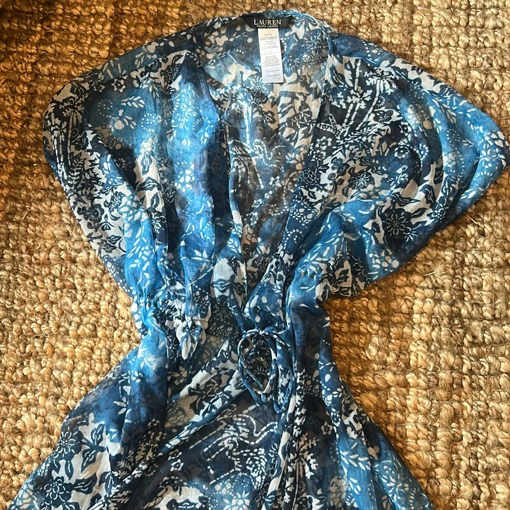Lauren Ralph Lauren Blue/White Sheer Printed Maxi Swim Coverup Blue Sheer Size M - Image 4