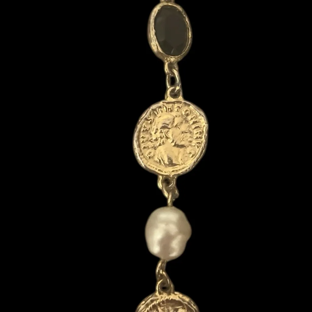 Vintage Gold Tone Necklace Coin Style Medallions Faux Pearl Black Stones - Image 3