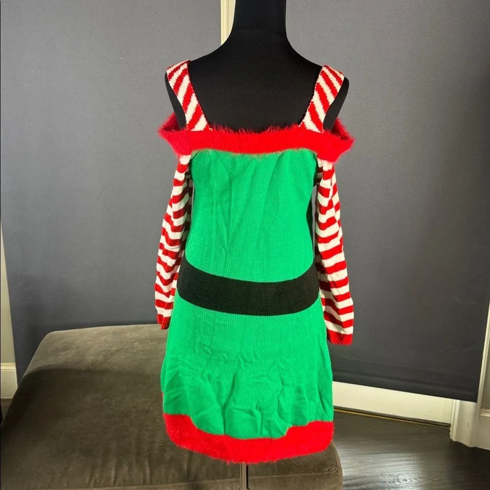 Women’s Spadehill Christmas Festive Elf Costume Sweater Dress Green Red Size S - Image 4