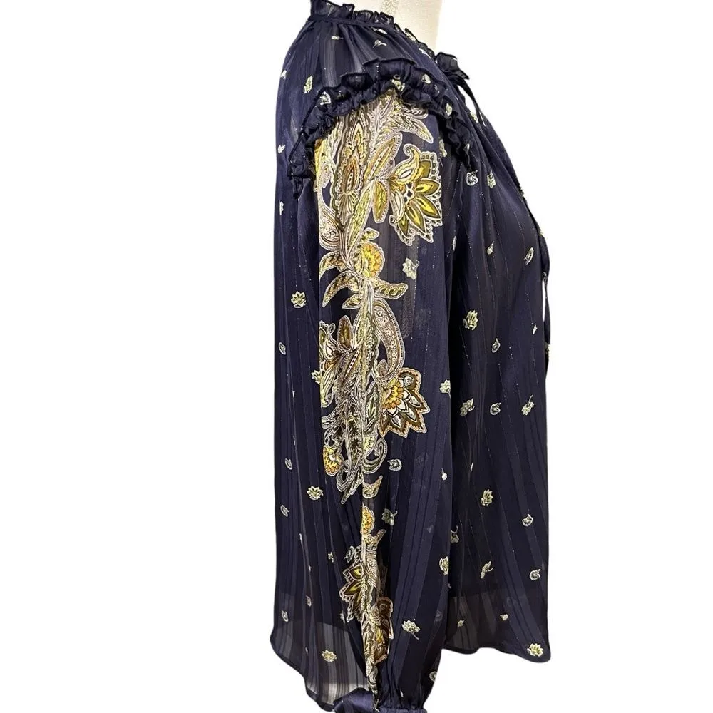 Fig & Flower Anthropologie Blue Floral Top Size L Long Sleeve Boho Peasant Size L - Image 7