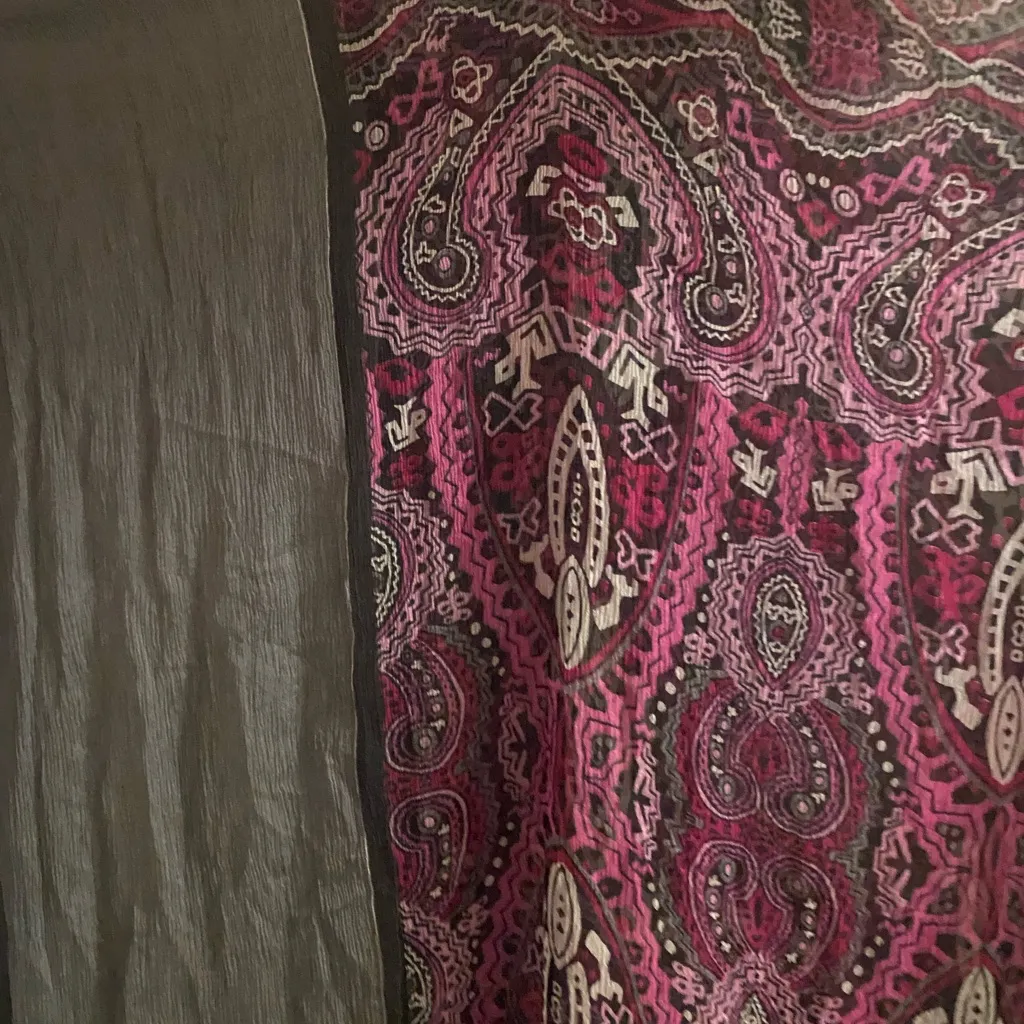 Vintage Scarf Goth Boho Print Gray Sheer With Pink Purple & Print 85” L X 40” W - Image 2
