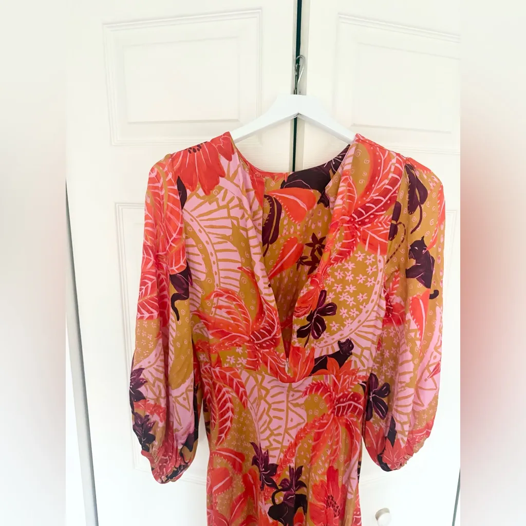 Farm Rio Puff-Sleeve Cutout Slip Dress Orange Purple Long Sleeve Panther Small - Image 14