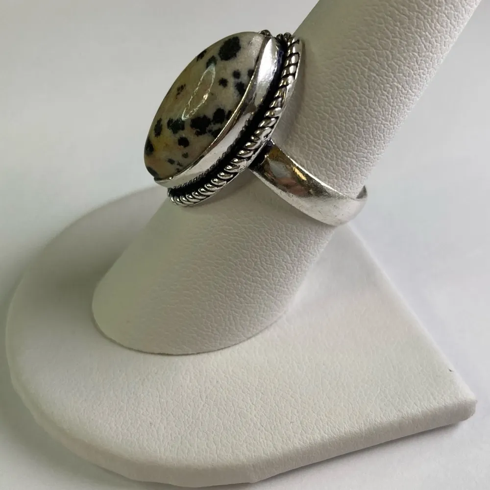 DALMATIAN Jasper Genuine Stone 925 Sterling Silver Ring Size 8 - Image 3