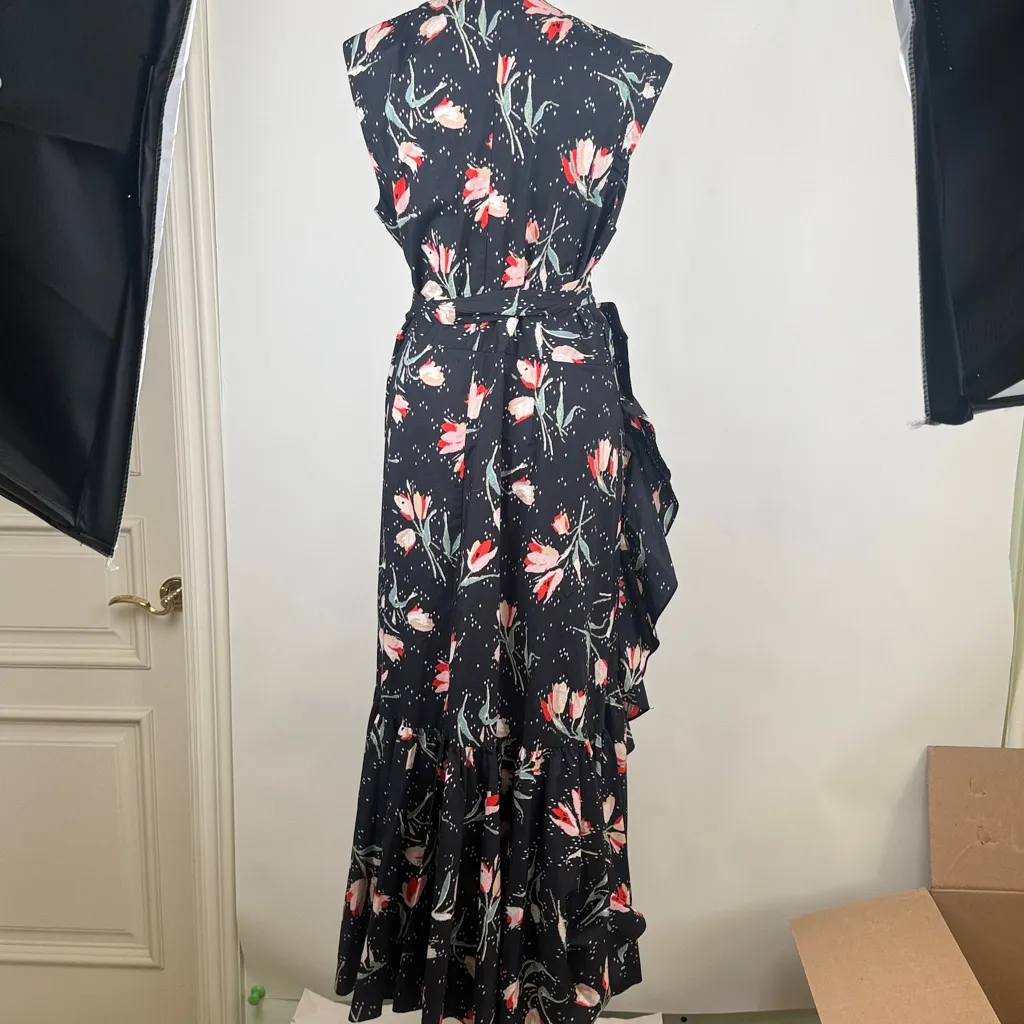 Rebecca Taylor Ikat Tulip Wrap Dress Tie Waist Black Floral Poplin Ruffles Sz 12 - Image 7