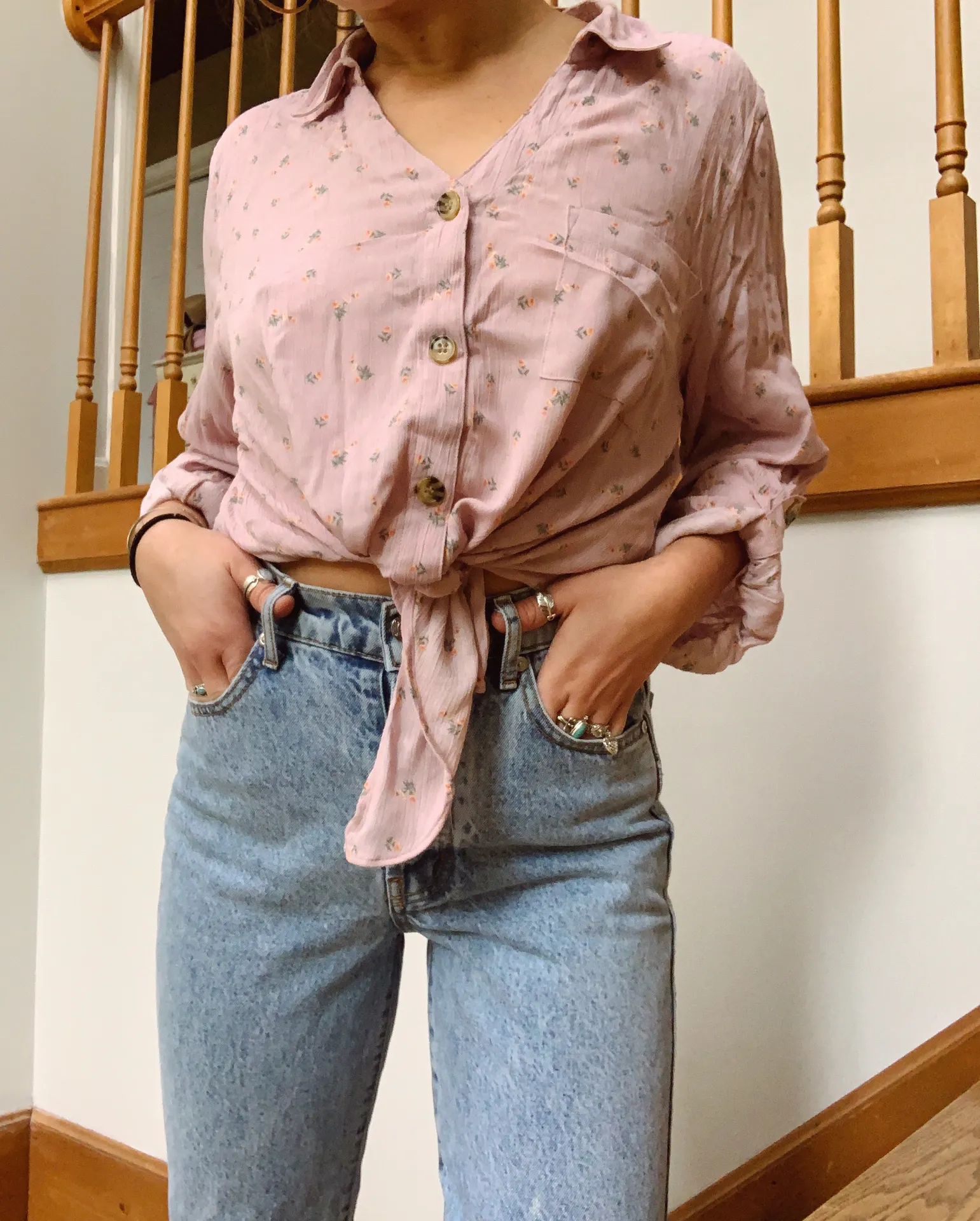 Pink Floral Button Tie Blouse  - Image 2