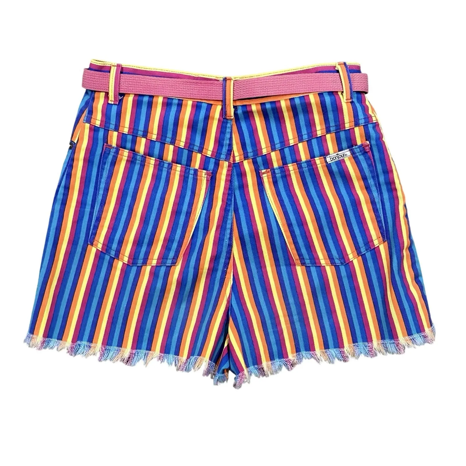 Vintage 90s Bonjour Rainbow Stripe High Waist Denim Shorts, Size 11/12 With Belt - Image 4