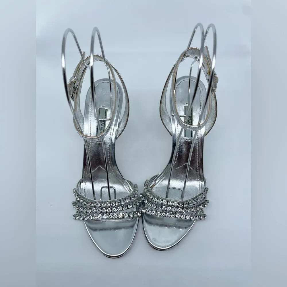 Prada Silver Leather Crystal embellished strappy heels EU 39 - Image 2