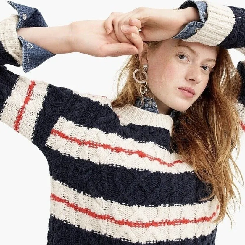 J.Crew Oversized Cozy Tunic Pullover Sweater Striped Cable Knit Crew Neck - Image 6