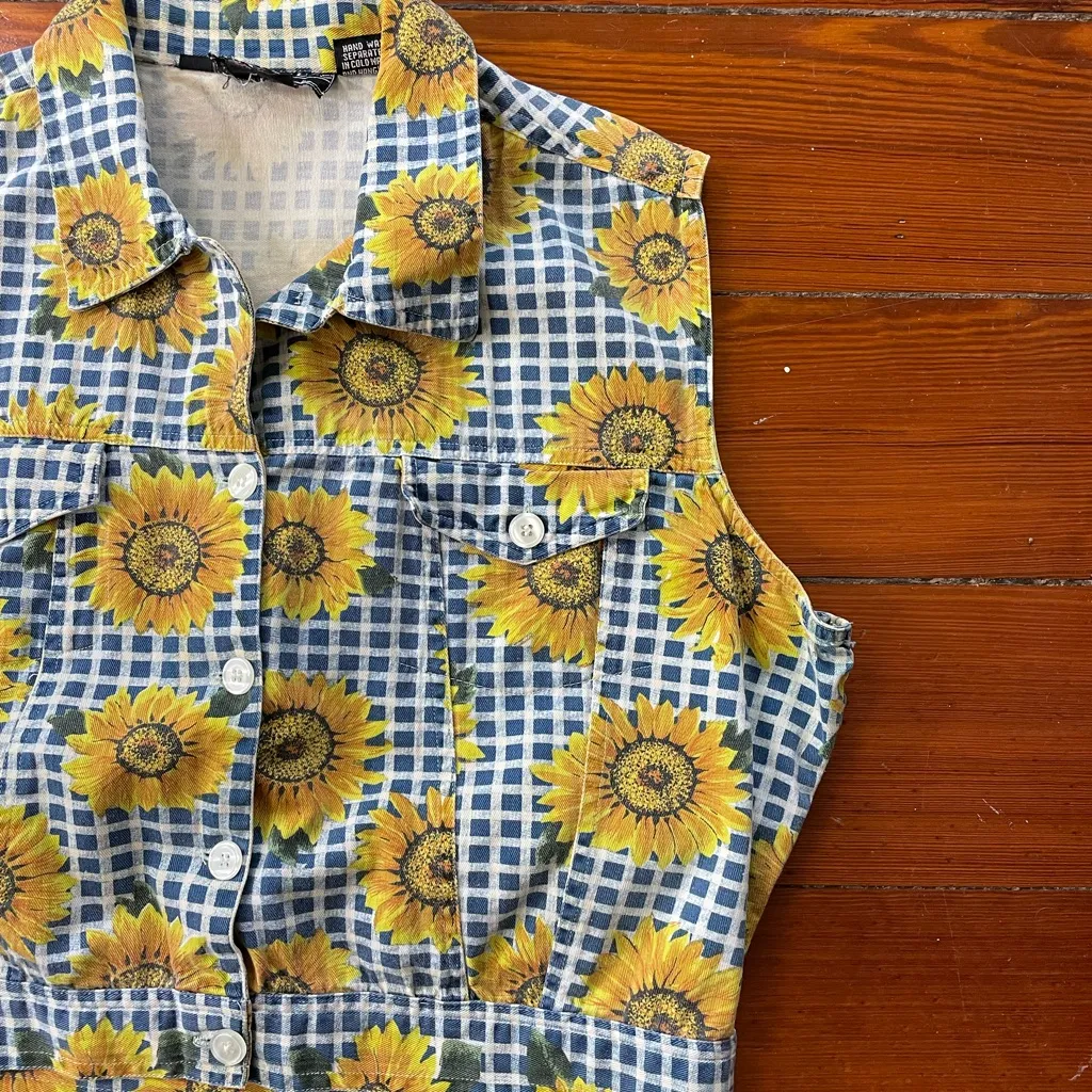 Vintage 90s Tribes Sunflower Vest Gingham Crop Button Down Cottagecore Floral~L Yellow Size L - Image 9