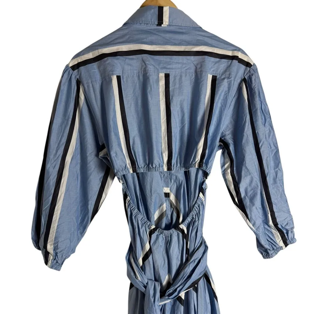 Tanya Taylor Azaria Blue Stripe Puff Sleeve Handkerchief Button Up Shirt Dress 4 - Image 13