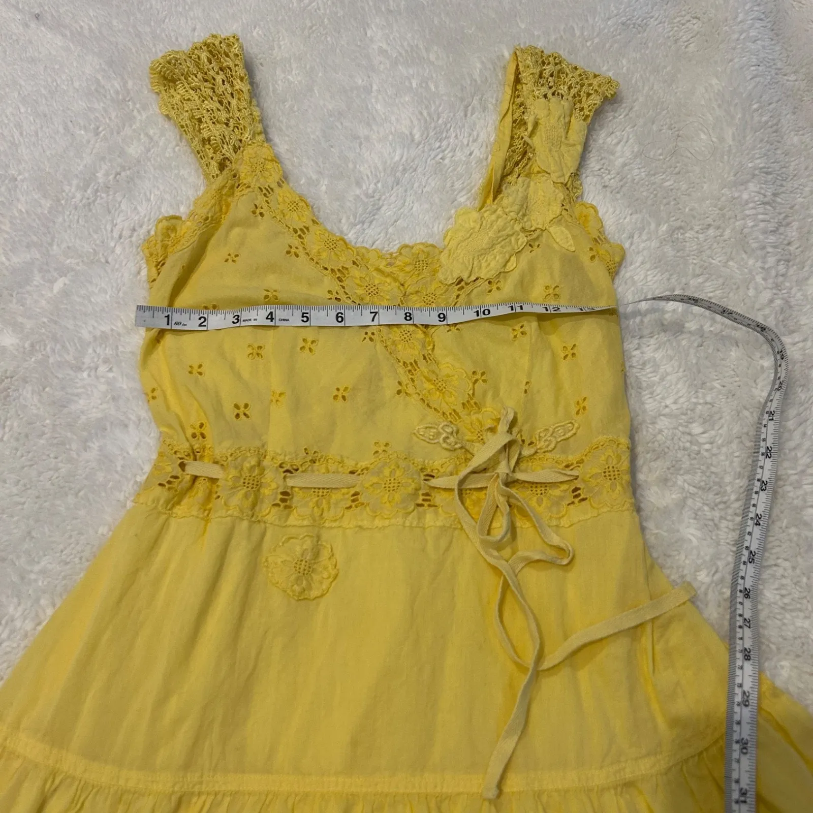 VTG Free People Womens Yellow Lace Crochet Ruffle Hem Dress Sz 8 Cottage Core - Image 4
