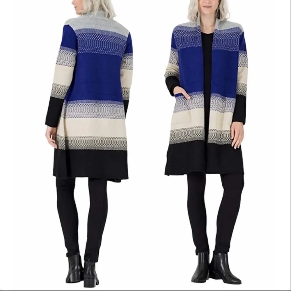 MaxSport Western Colorblock Long Cardigan Sweater Gray Blue Cream Black Large - Image 3