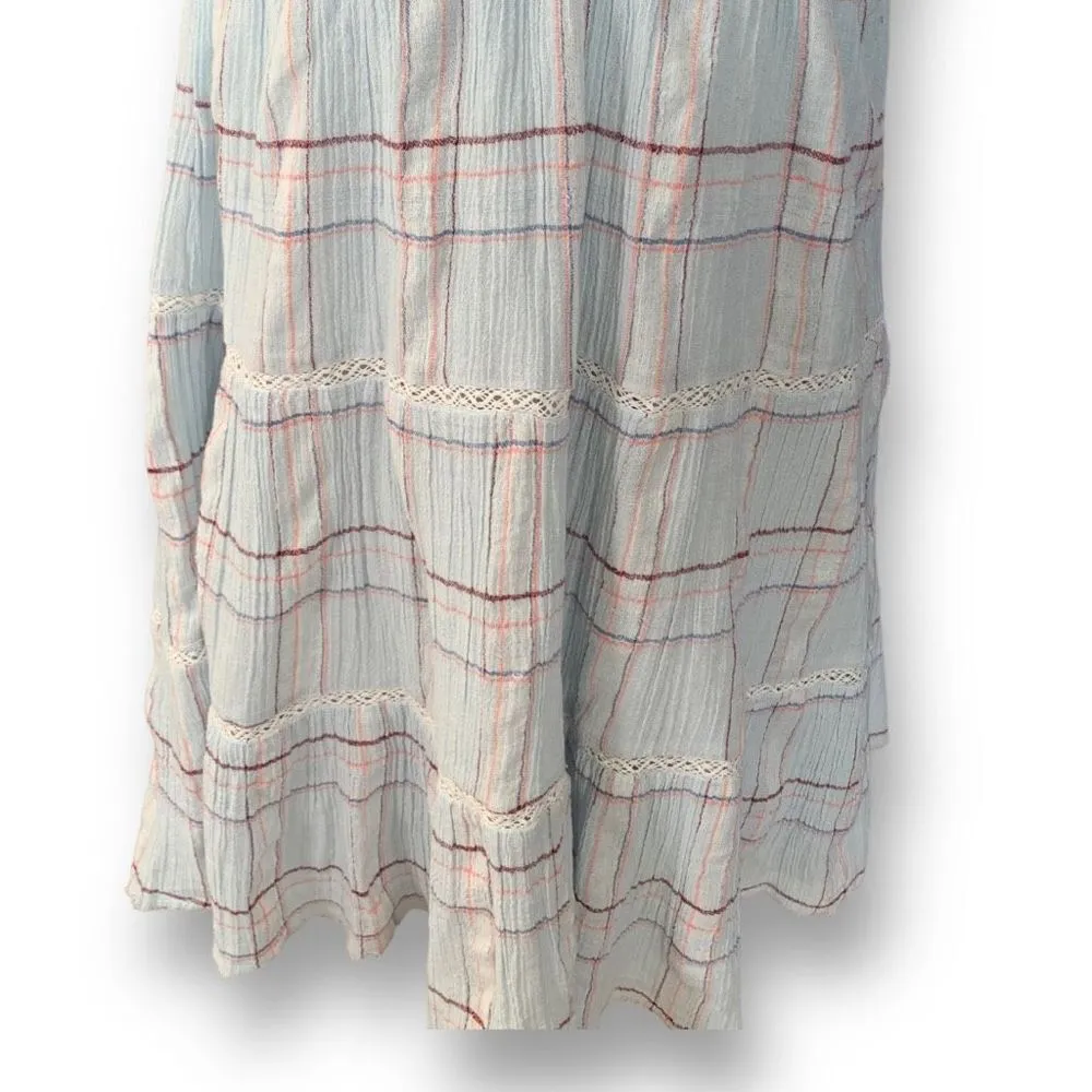 True Craft Dress Pastel Blue Plaid Printed Strapless Seersucker Lace Detail Mini - Image 5