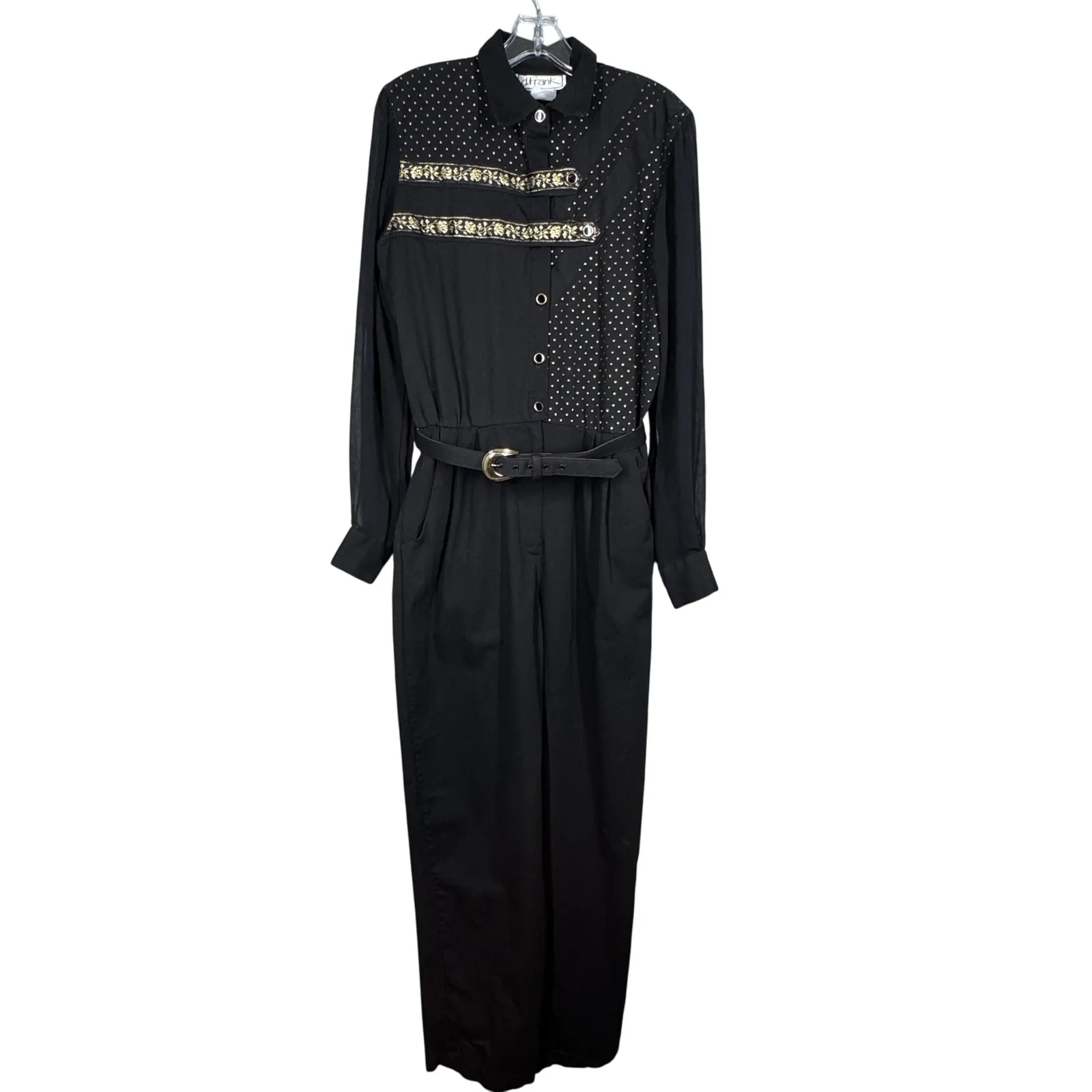 d.frank Jumpsuit Women Black Gold Embellished Long Sleeve Belted‎ Vintage - Image 2