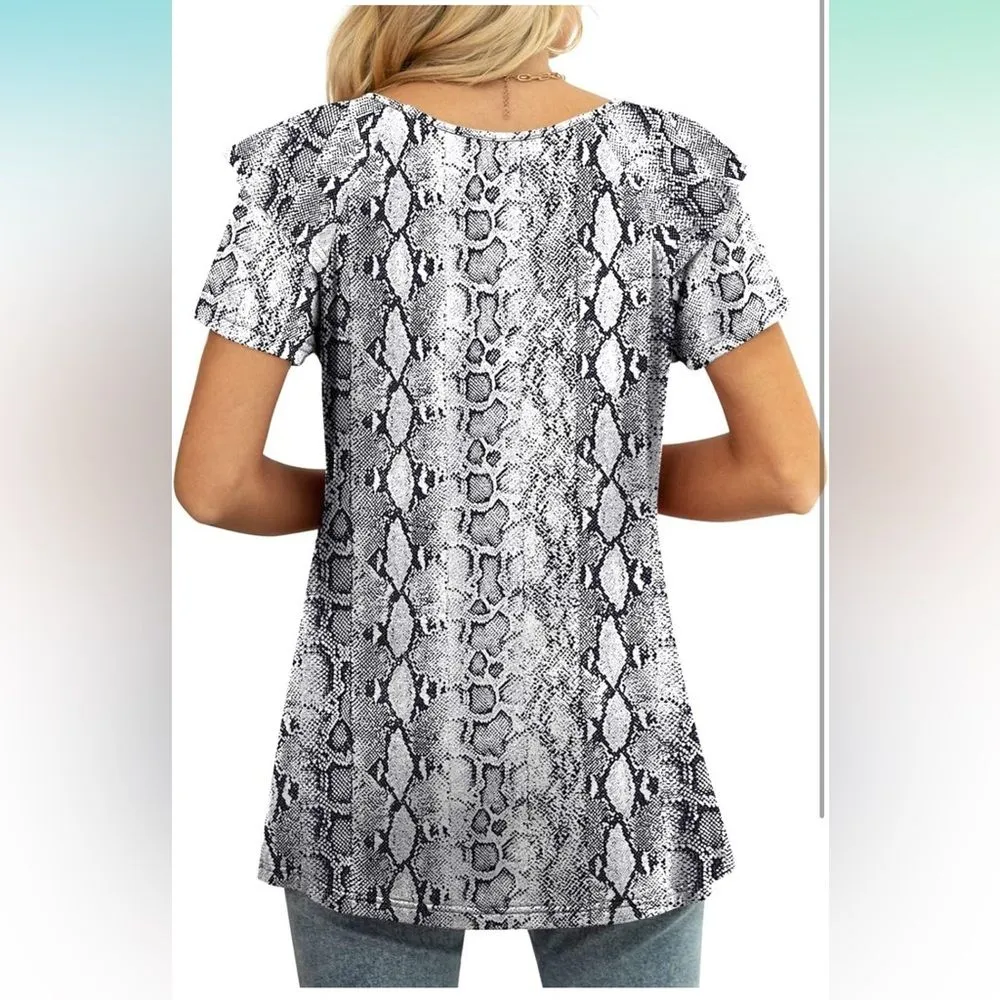 Top Blouse Shirt Womens Plus 2X Black Snakeskin Summer Casual Short Sleeve B3 - Image 7