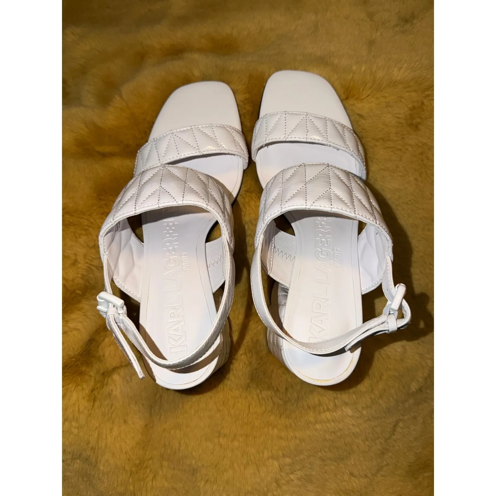 Karl Lagerfeld Paris Sarina Quilted Block Heel Slingback Sandals White 8.5 NIB - Image 5