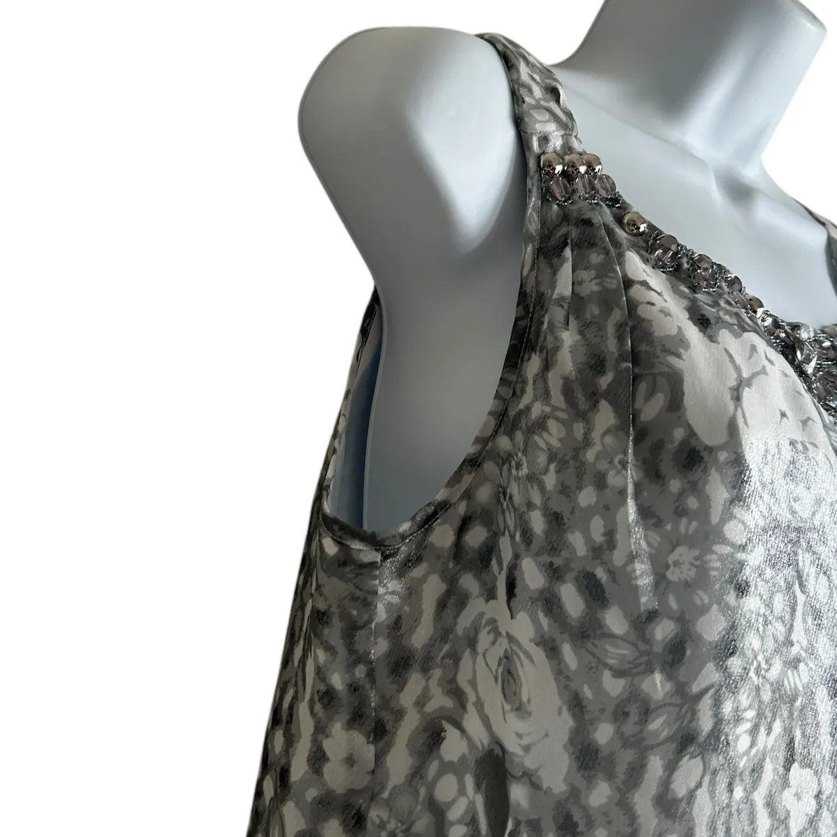 ECI Women Top 4 Metallic Silver Floral Rhinestone Neck Babydoll Disco Glam Boho‎ - Image 7