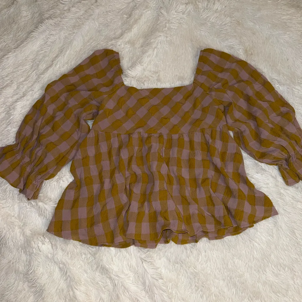 Entro Botique Checkered Plaid Print Babydoll Top size Large - Image 2