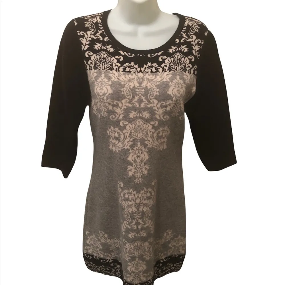 Papillon Angora Blend Damask Print Soft Sweater Dress S 3/4 Sleeve Cozy Winter - Image 2