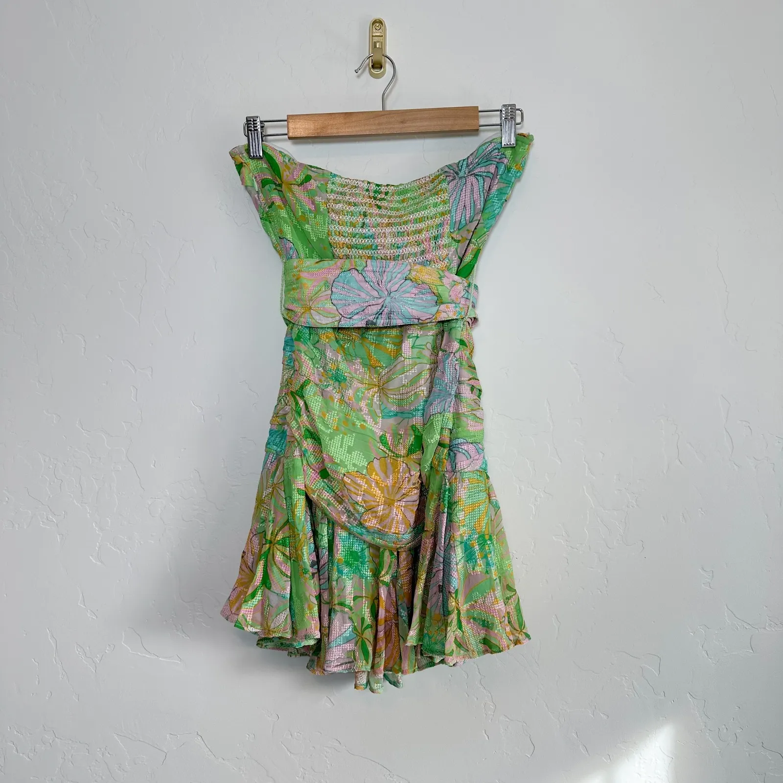 Rococo Sand | Resort Ruched Strapless Floral Mini Dress in Green Blue Size M - Image 4