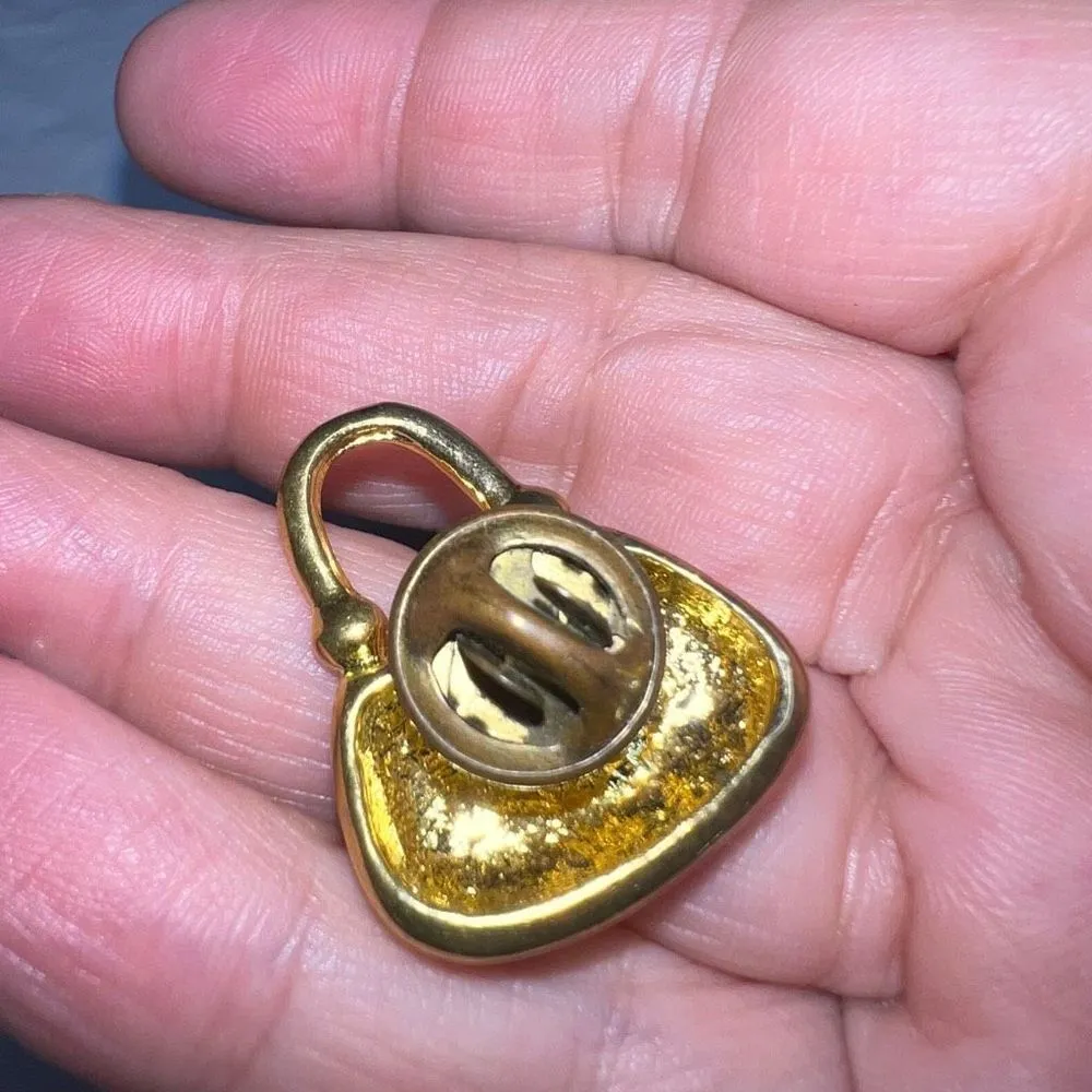 Vintage Enameled Pocketbook Heart Rhinestone Brooch Gold - Image 7